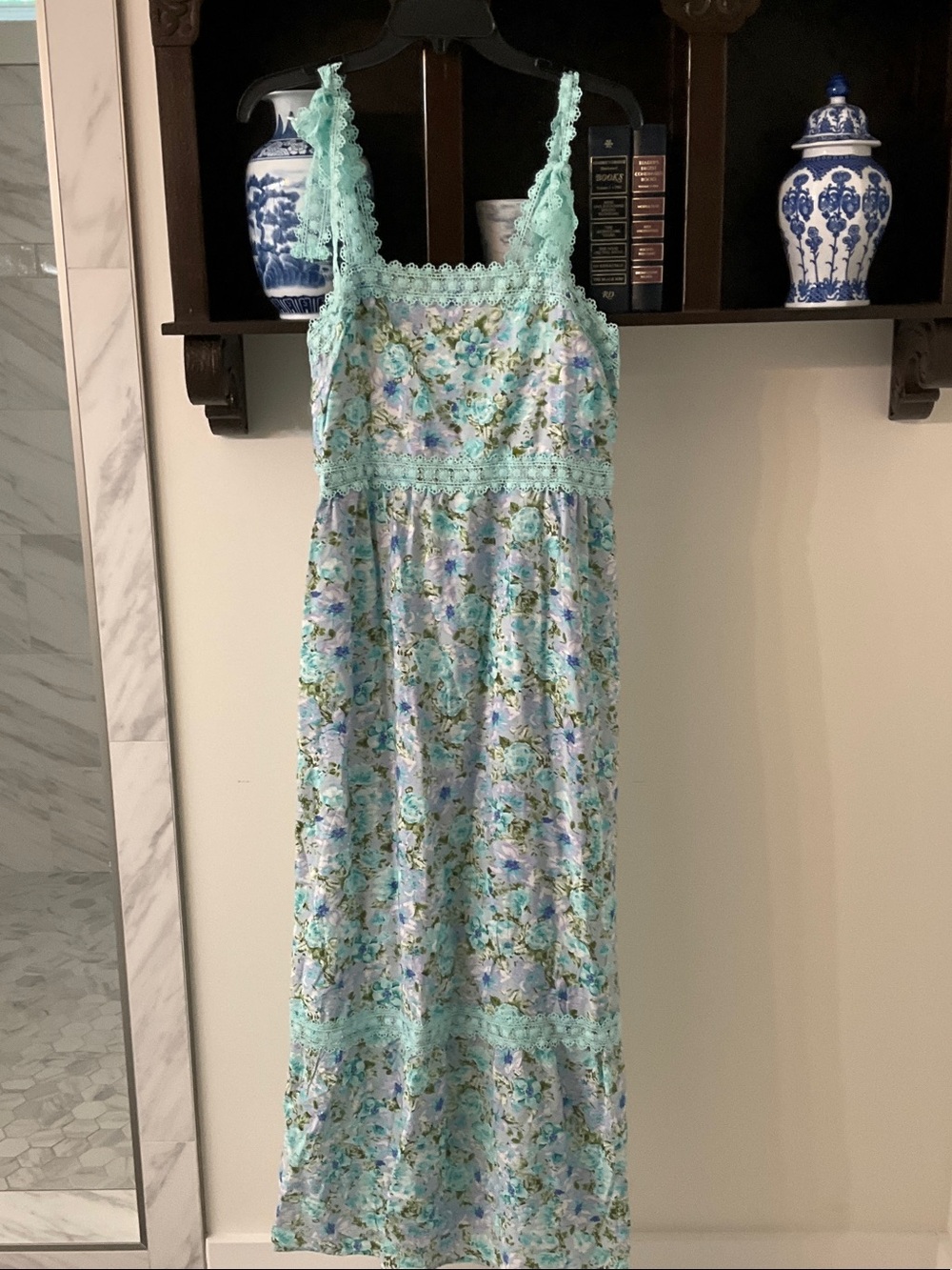 Floral Crochet-Trim Maxi Dress in Aqua